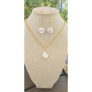 Dangling Earring Set with Baroque Pearls and Gold Tone Chain Handmade